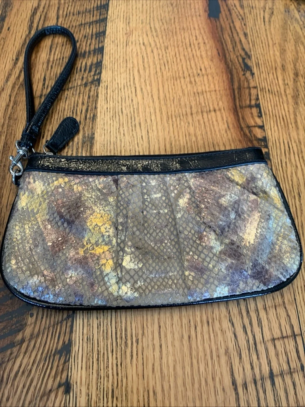 Wilson's Leather Zip Bag Pouch Wristlet Snakeskin Beige Black Gold Copper Foil